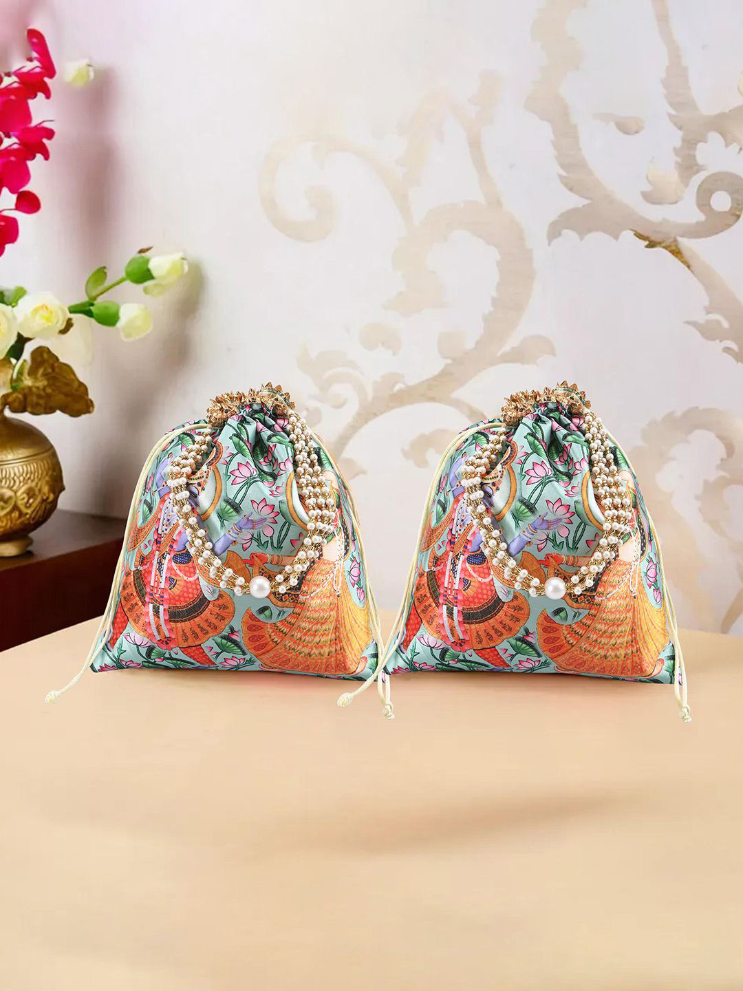 Kuber Industries 2 Pcs Potli Bag For Women & Girls Radha Krishna Print Potli Clutch
