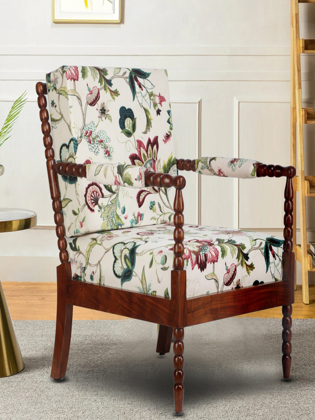 GLOBALLY INDIAN Beige & Brown Printed Wooden Classic Lounge Chair
