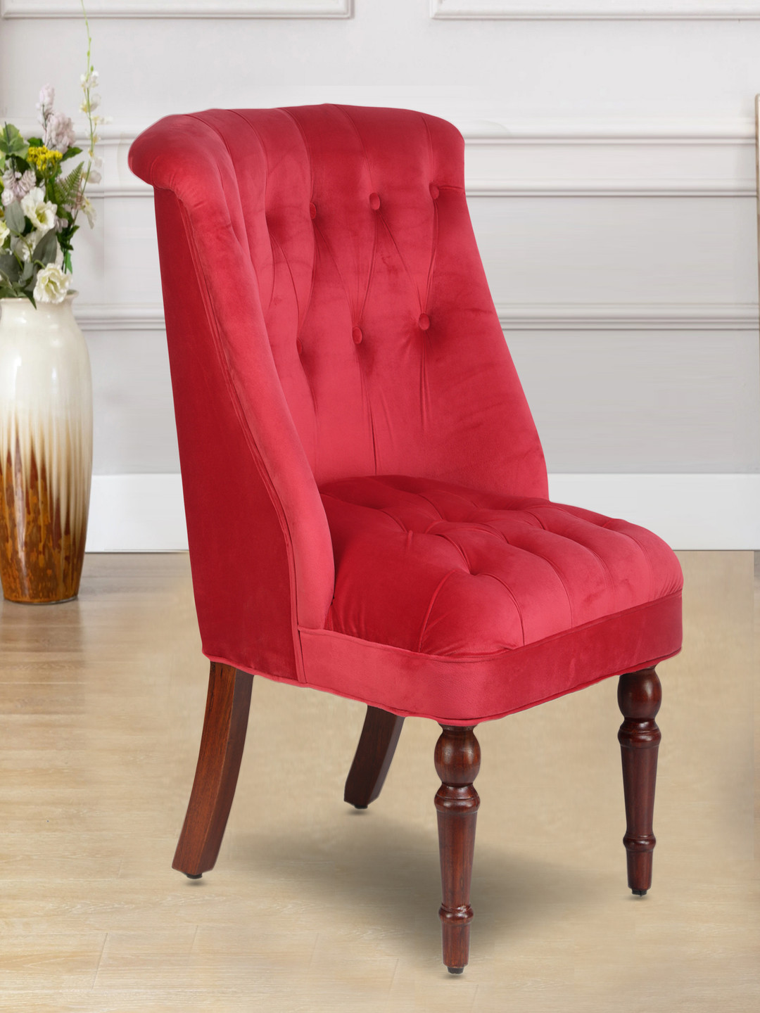 GLOBALLY INDIAN Red & Brown Wooden Accent -Style Lounge Chair