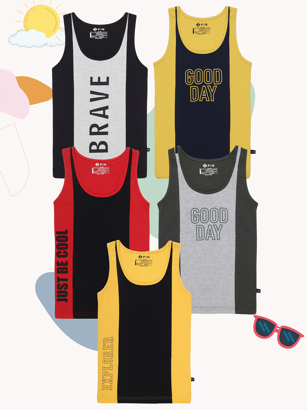 3PIN Pack Of 5 Printed Pure Cotton Boys Basic Vests CALVIN