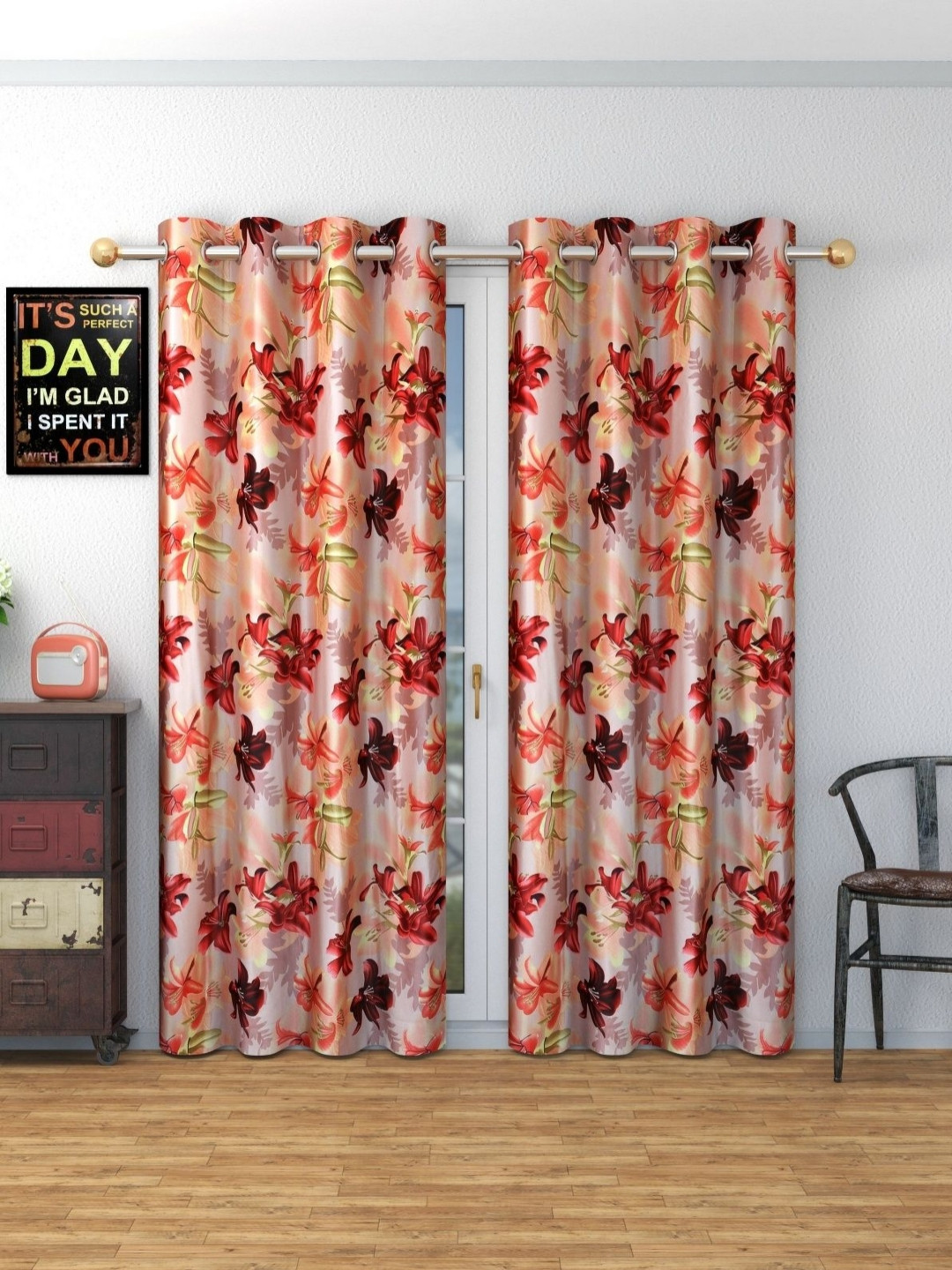 Galaxy Home Decor Maroon Set of 2 Floral Window Curtain