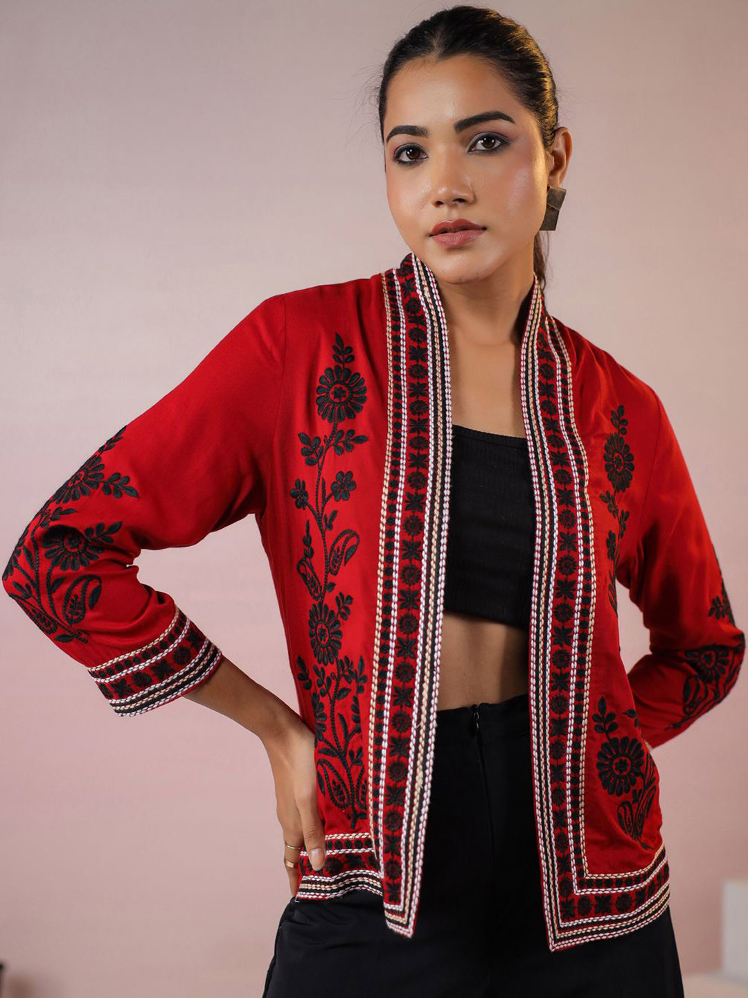 Janasya Women's Maroon Rayon Floral Embroidered Jacket