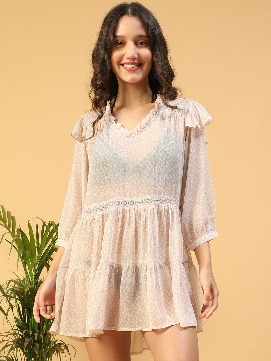 Oxolloxo Printed V-Neck Frill Long Sleeve Beachwear Dress With Lace & Ruffle Detail