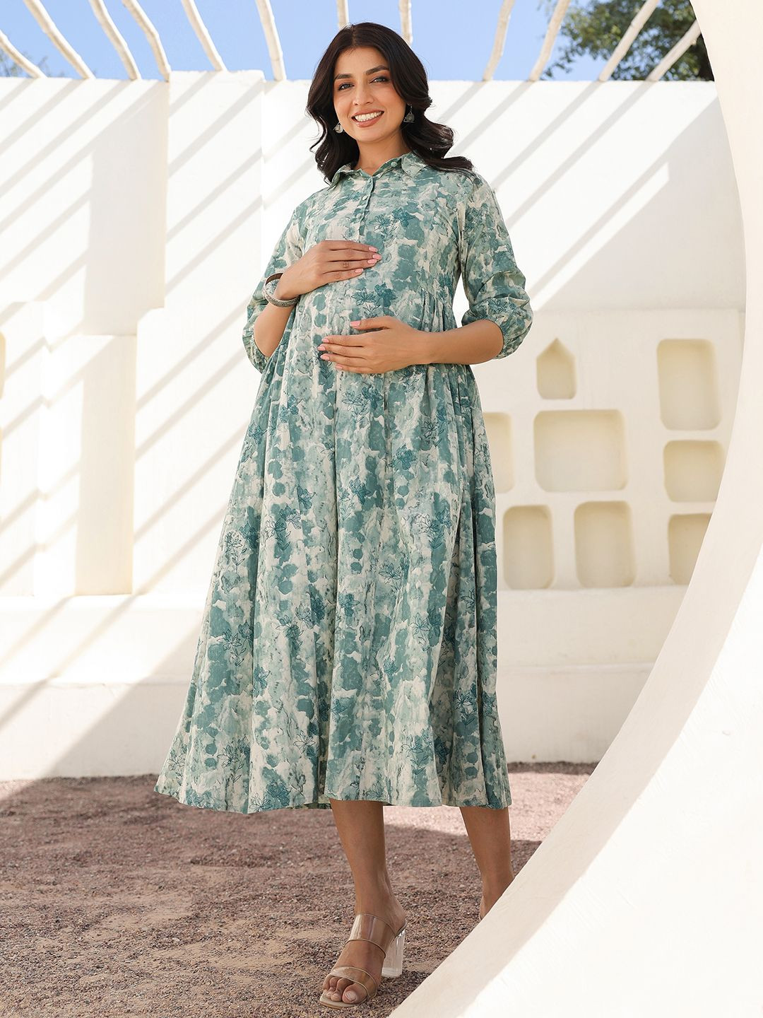 Janasya Women's Sage Green Pure Cotton Tie-dye A-line Maternity Dress