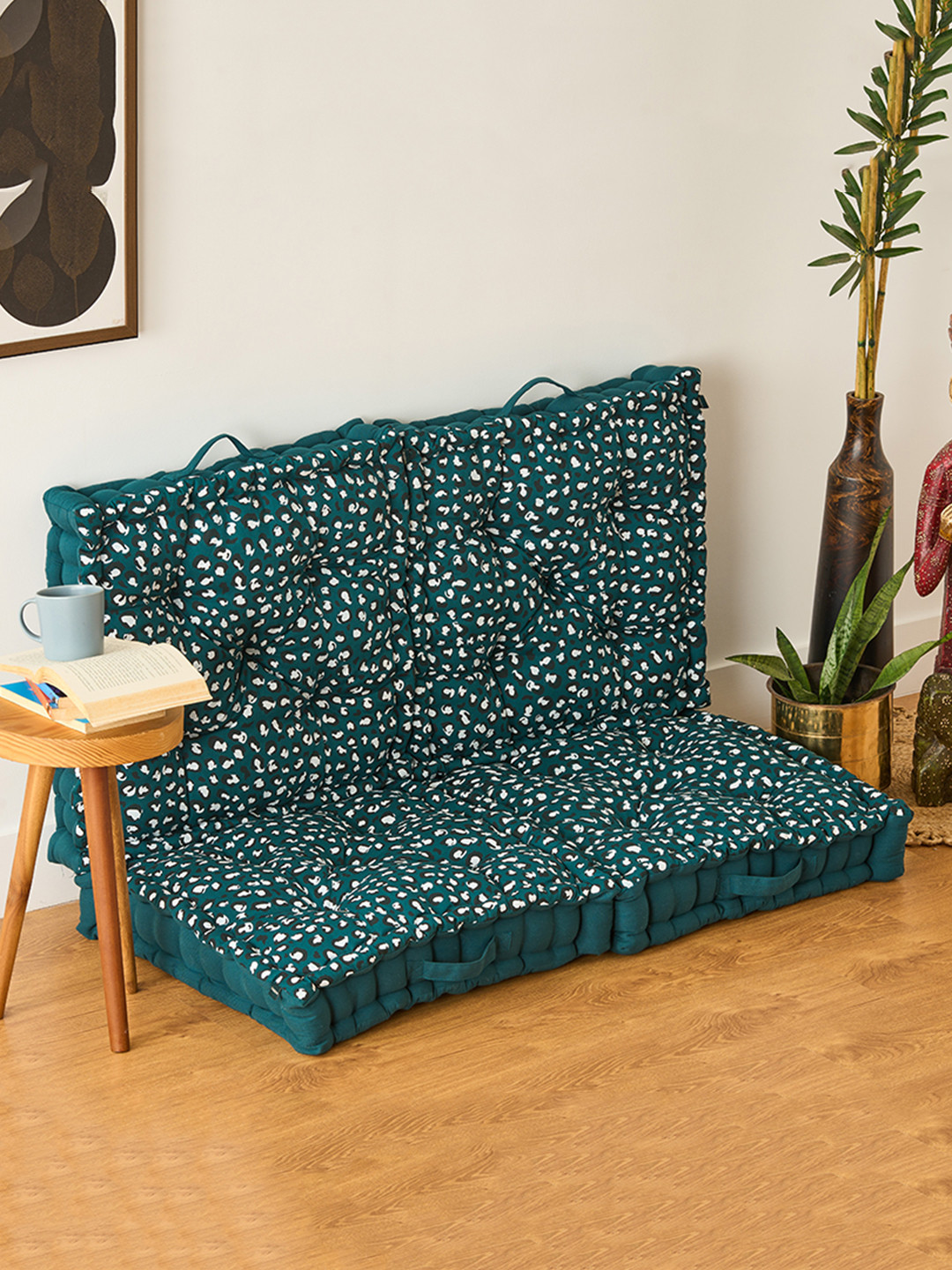 SKANDA FAB Botanical Green & White 4 Pieces Abstract Printed Cotton Square Floor Cushions