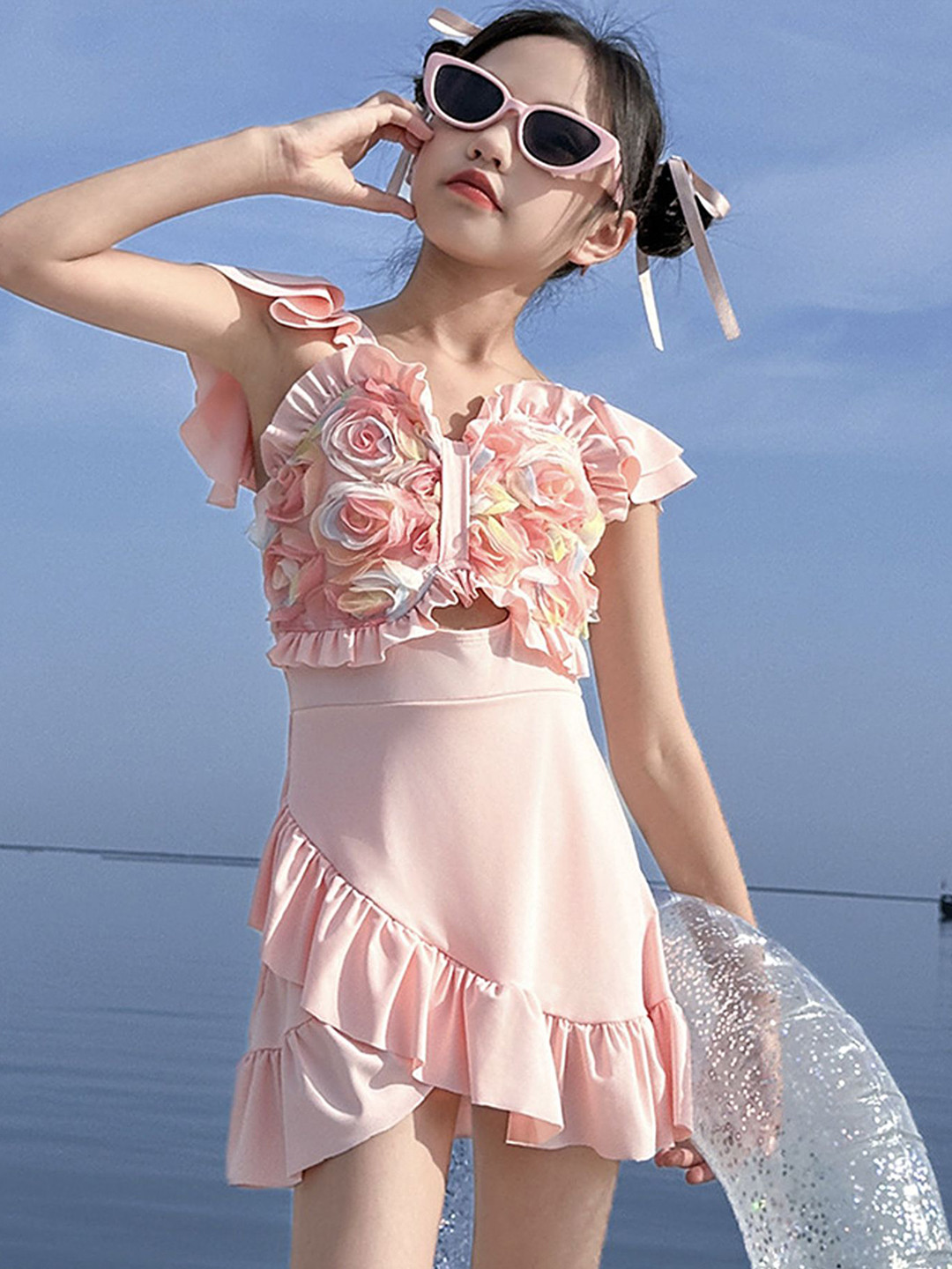 LULU & SKY Girls Floral Design Overlap Hem Swim Dress