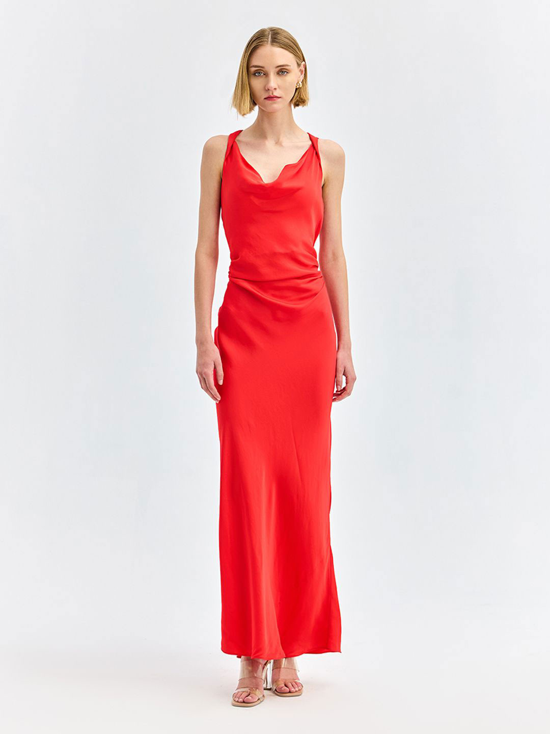 COVER STORY Cowl Neck Satin A-Line Maxi Dress