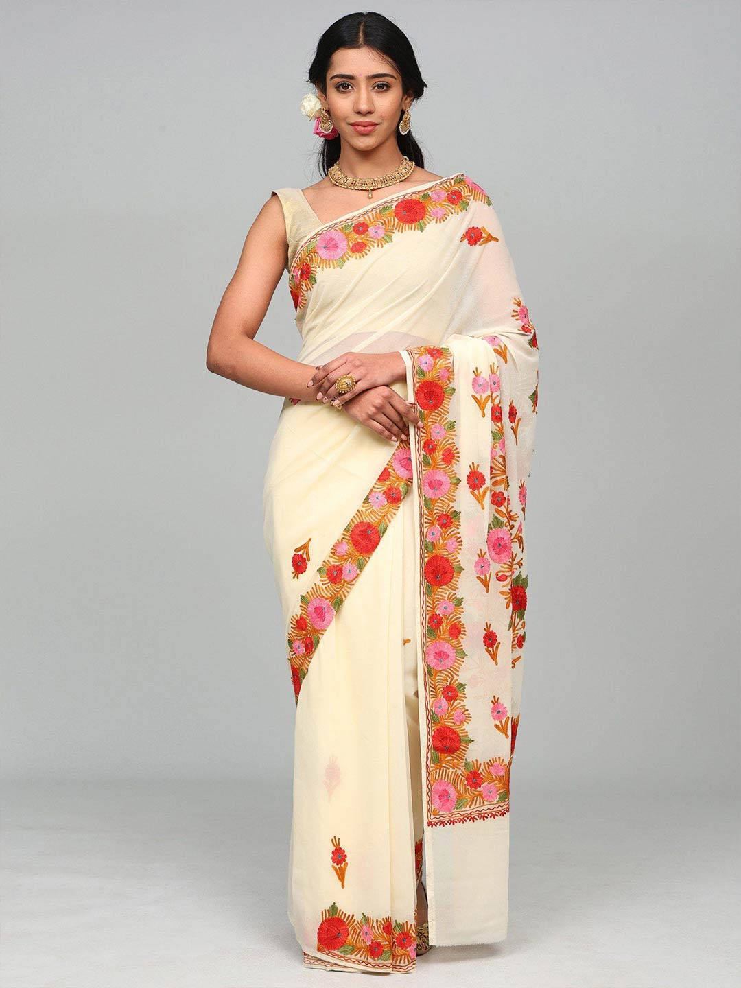 Exotic India Georgette Kashmiri Saree with Aari Embroidered Multicolor Flowers