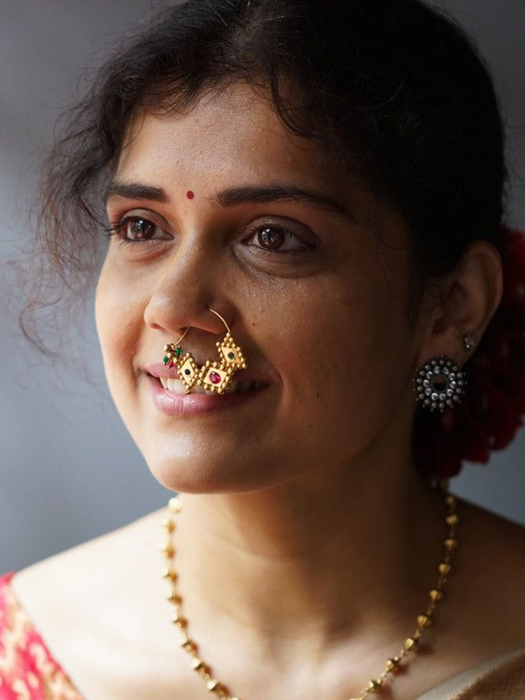 House of Aadyaa Sterling Silver Godavari Nath Gold Plated Ring Nosepin