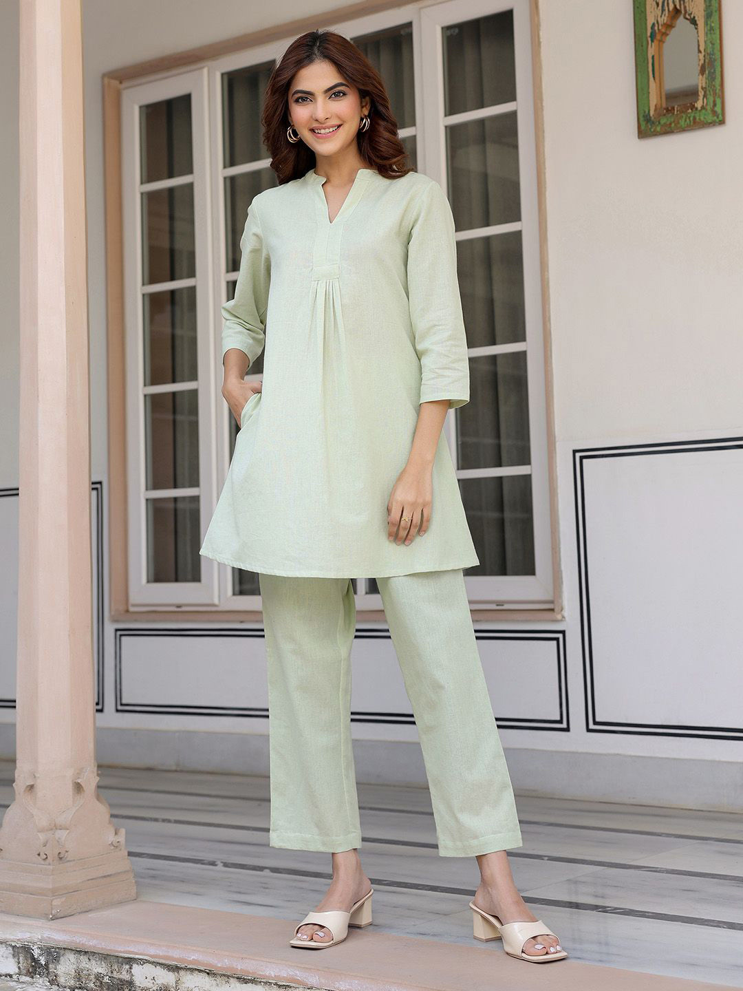 Janasya Women's Mint Linen Cotton Solid A-line Co-ord Set