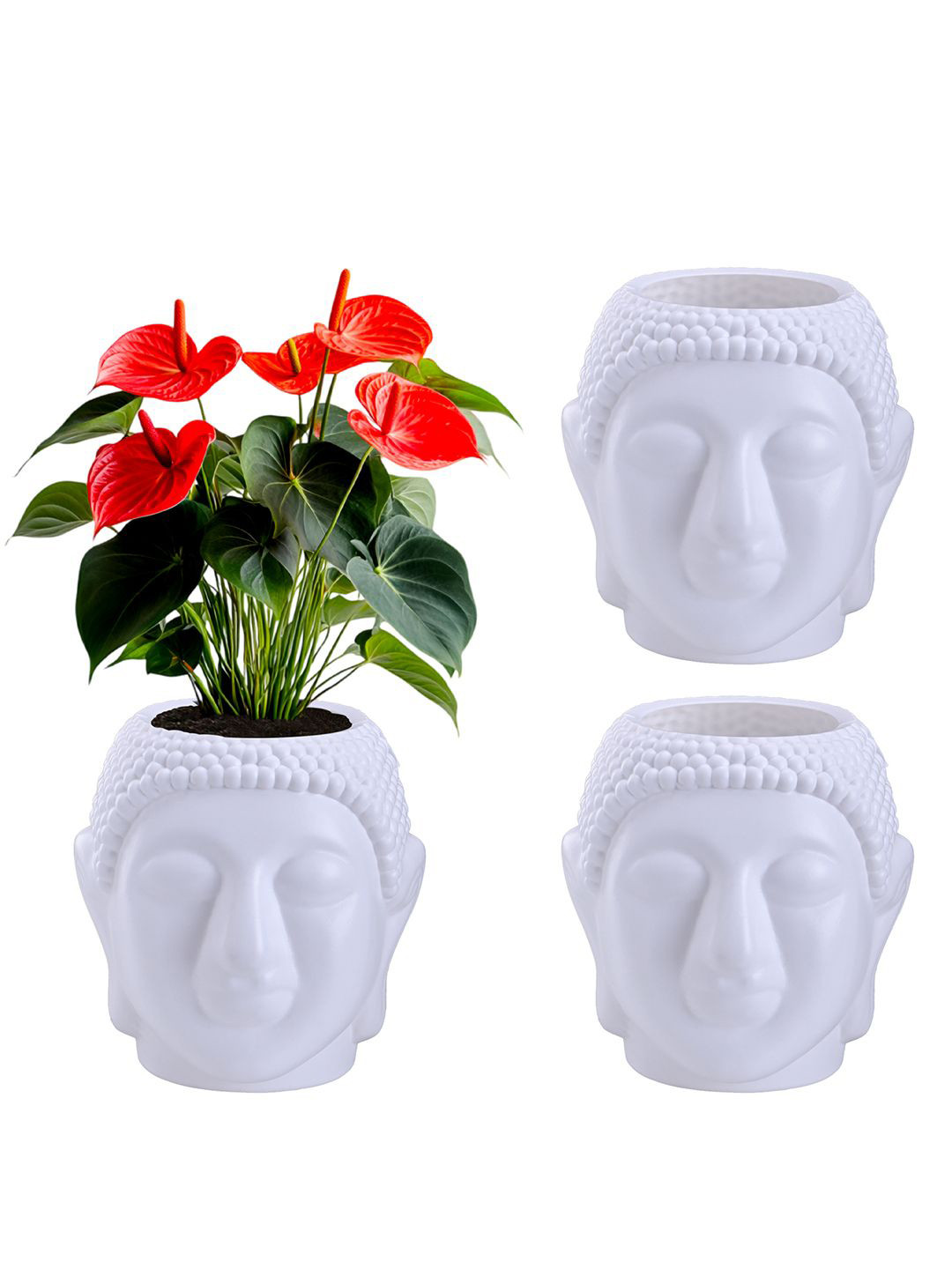 Kuber Industries 3Pcs White Lord Buddha Shaped Flower Planters