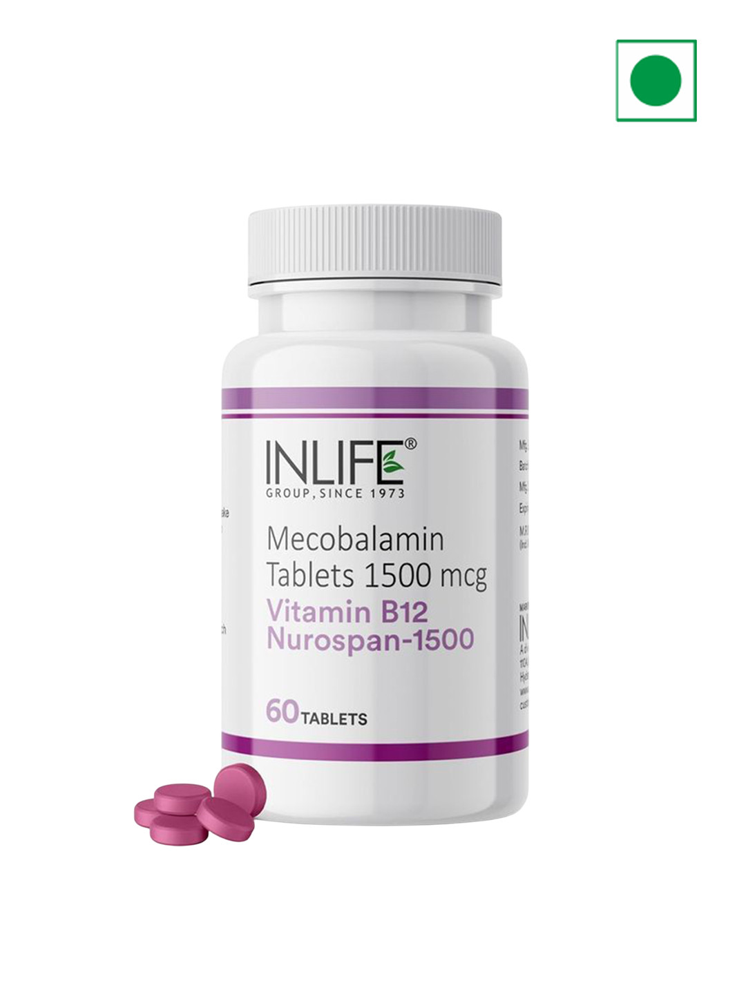 INLIFE Vitamin B12 1500 mcg Methylcobalamin Supplement For Energy & Metabolism- 60 Tablets