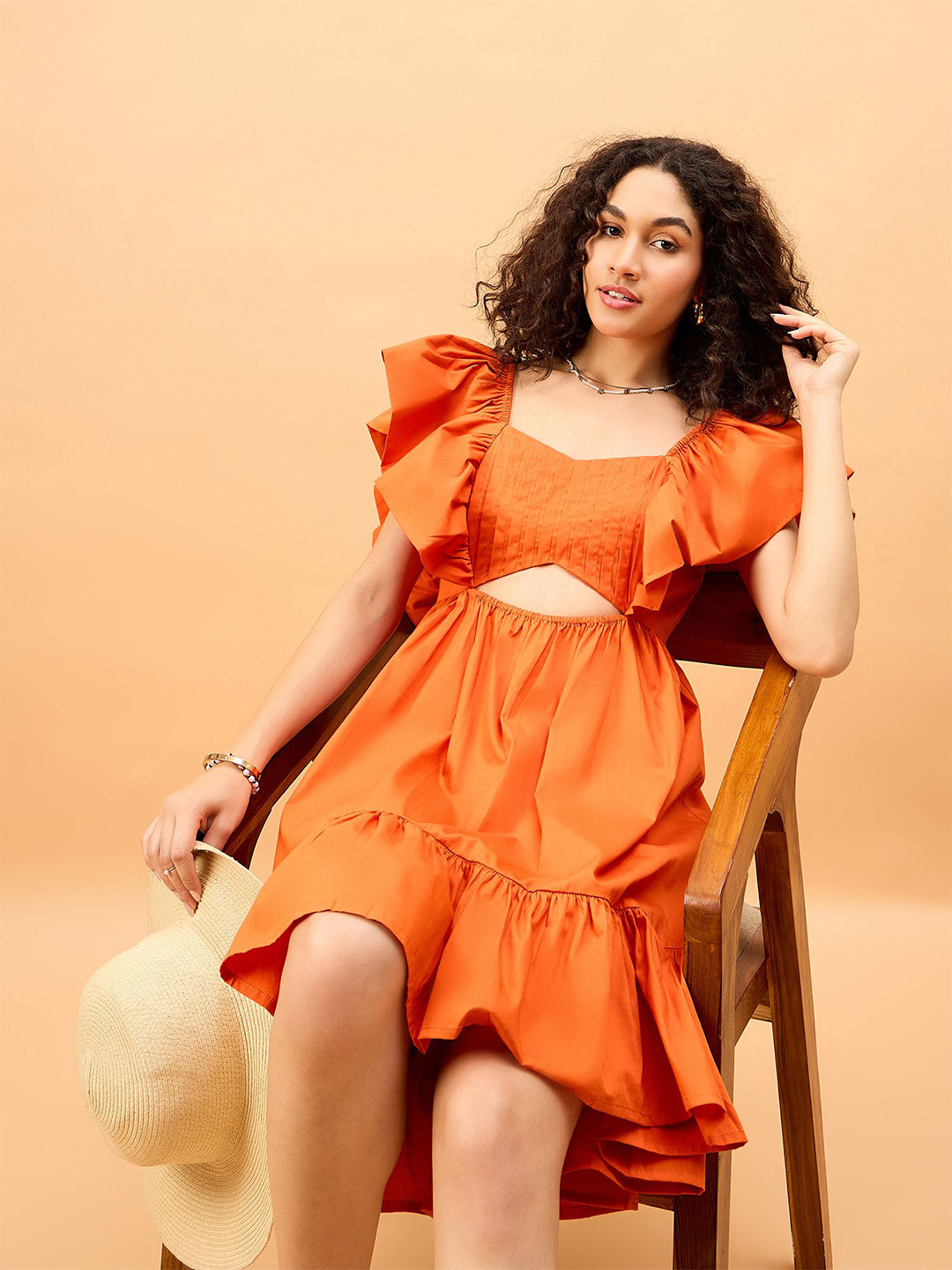 Shades of Sabi Orange solid Squar Neck Fit & Flare Dress