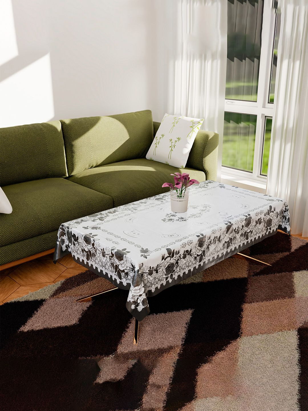 Kuber Industries Black Floral Plastic 4-Seater Table Cover