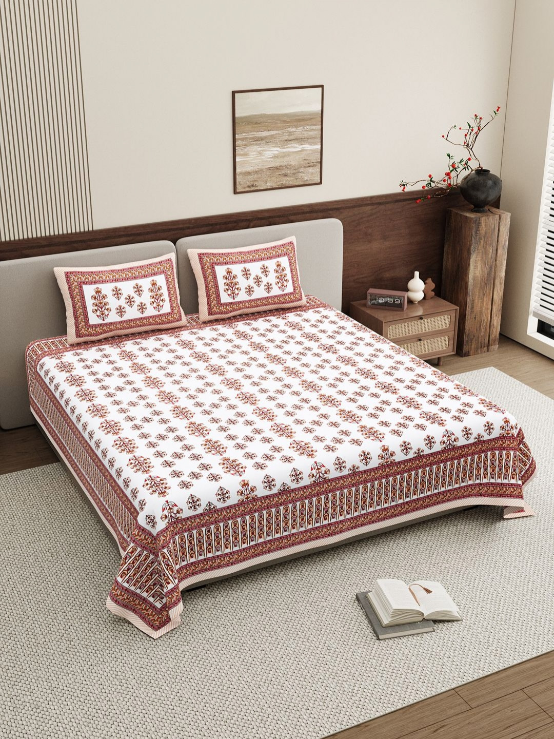 BELLA CASA Jaipuri White Ethnic Motifs Pure Cotton 250 TC King Fine Bedsheet with 2 Pillow Covers-108 x 108 inches