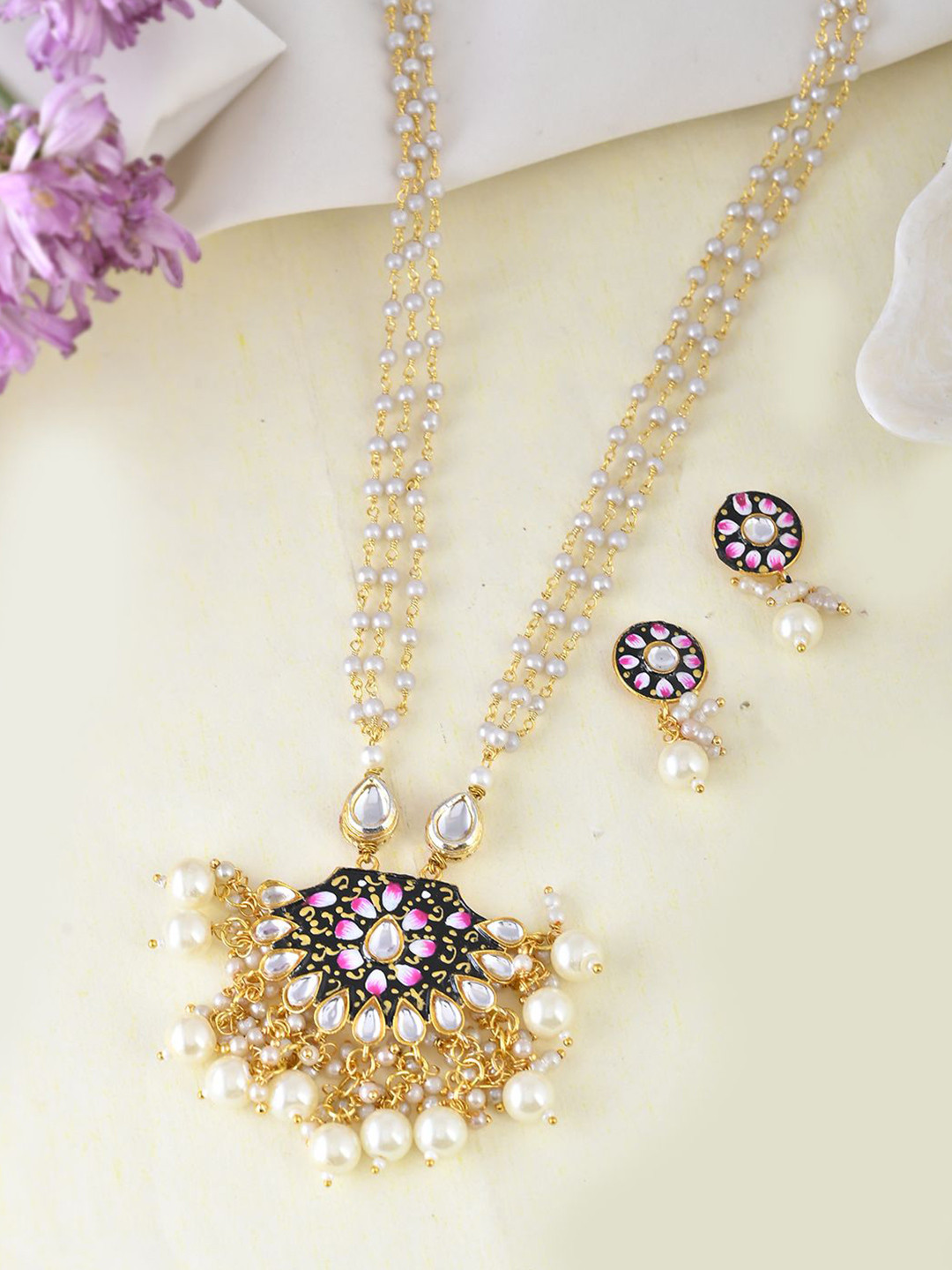 Silvermerc Designs Meenakari Pearl Jewellery Set