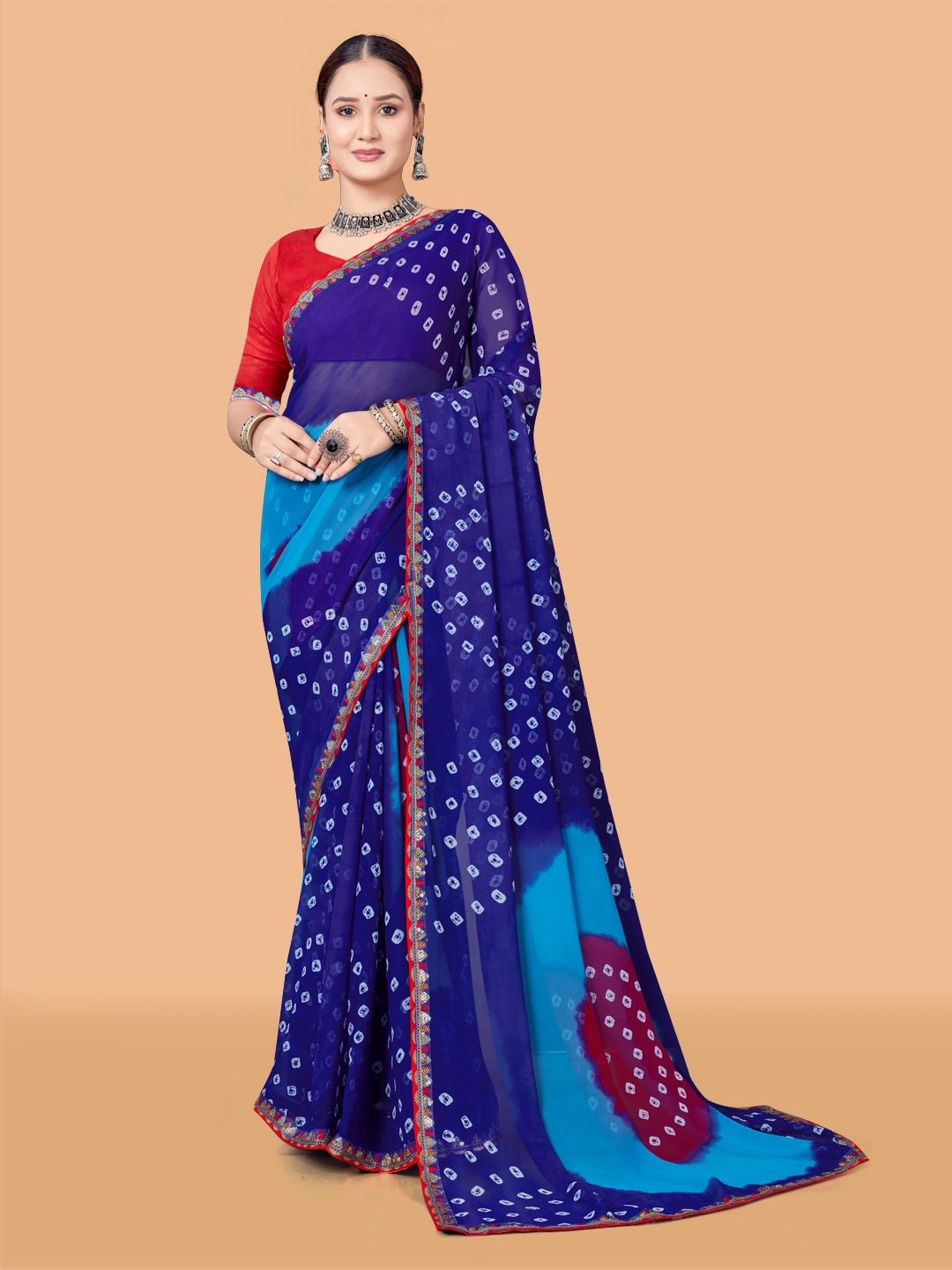 ASTEYAM Bandhani Sequinned Pure Georgette Bandhani Saree
