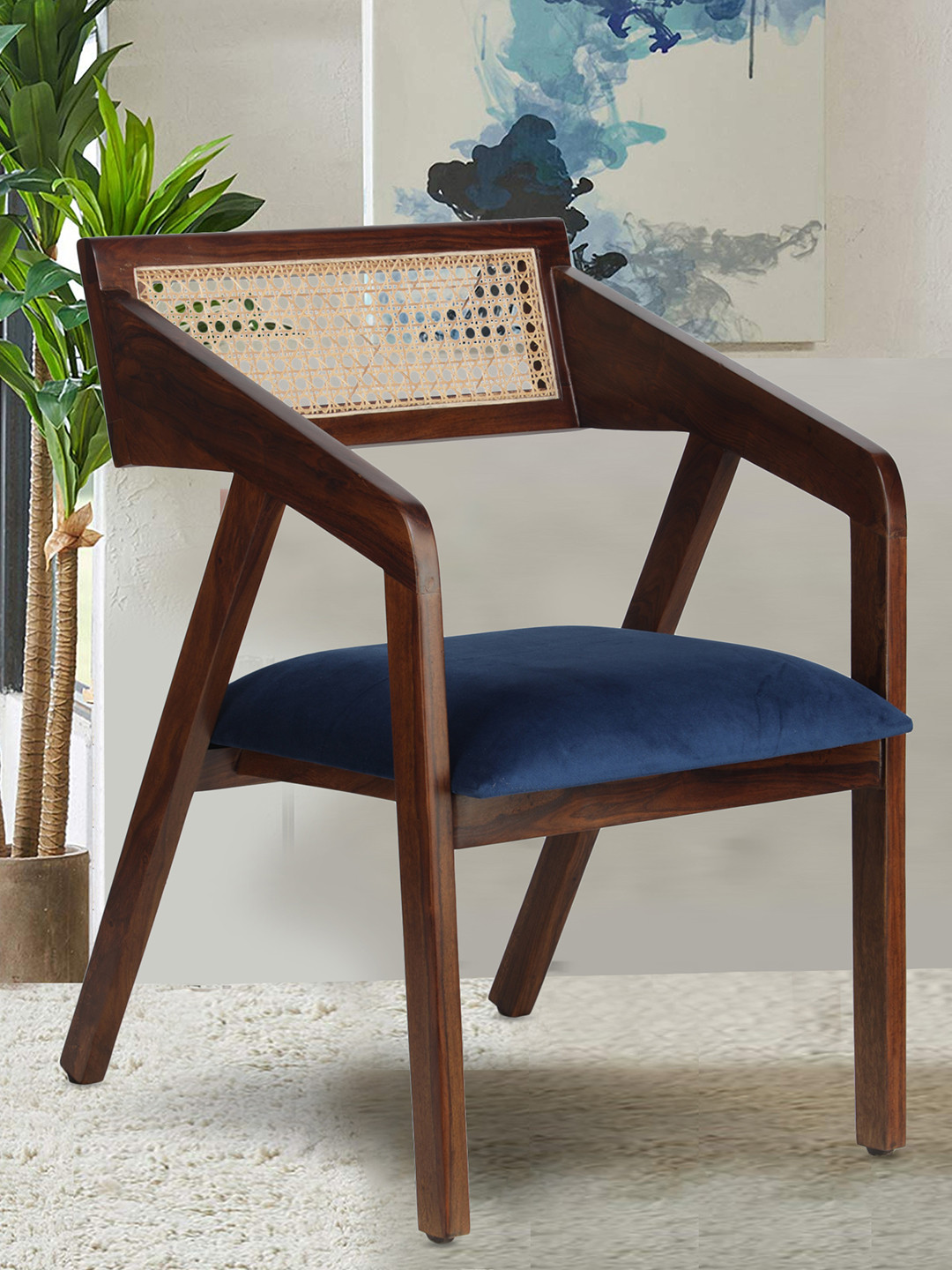 GLOBALLY INDIAN Navy Blue And Brown Cane-Back Accent Wooden Lounge Chair