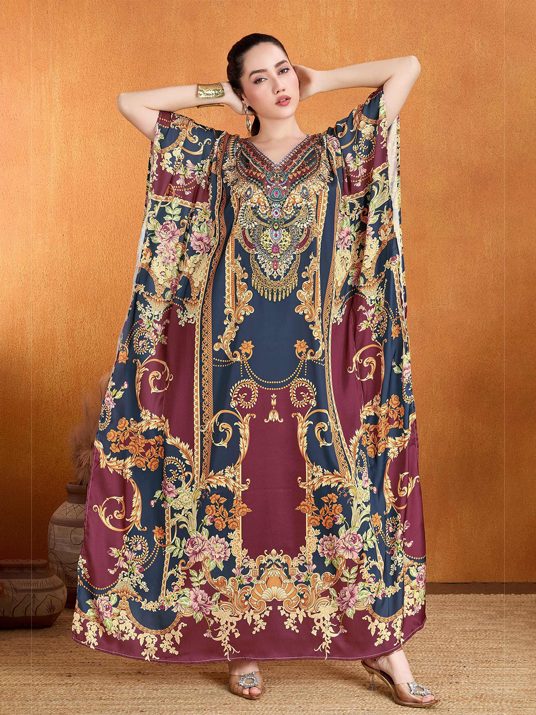 LABEL AARNA Ruby Eclipse Soft Satin Kaftan with Rhinestones