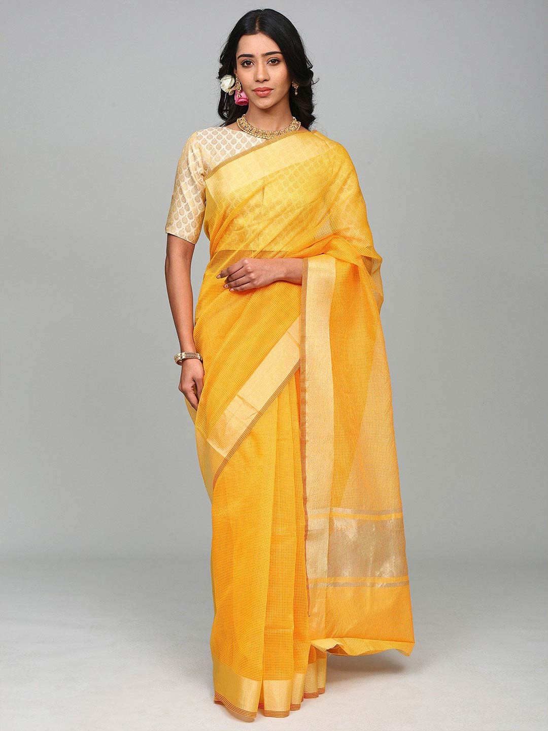 Exotic India Stripes Woven Art Silk Saree From Banaras with Zari Border