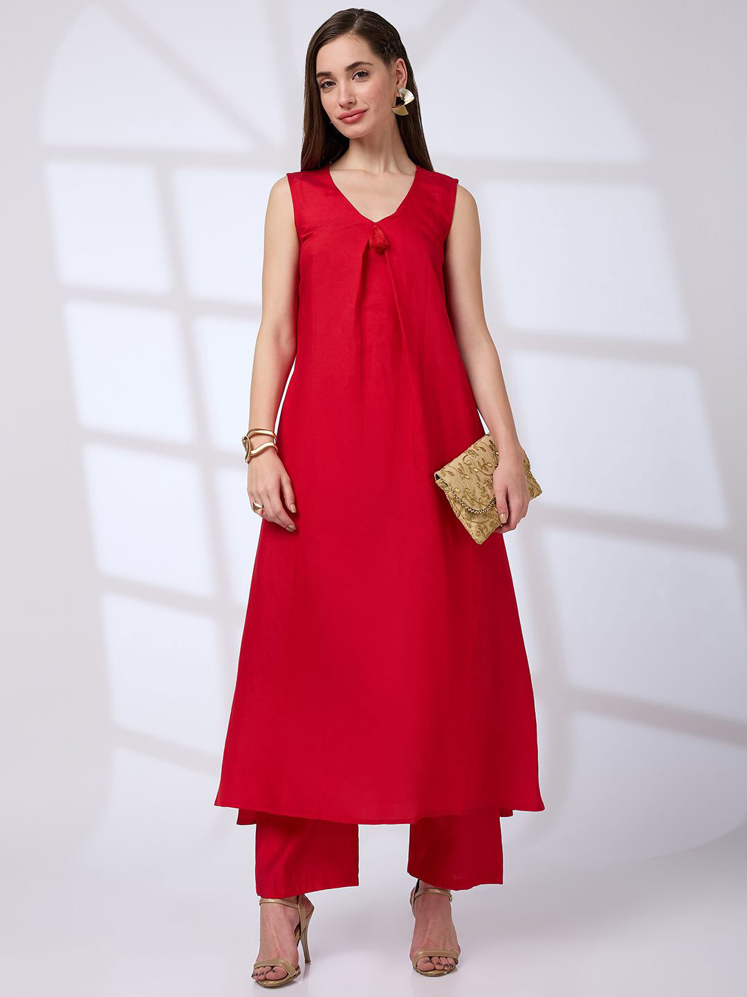 Globus V-Neck Tassel Detail A-Line Kurta & Straight Pants Fusion Set