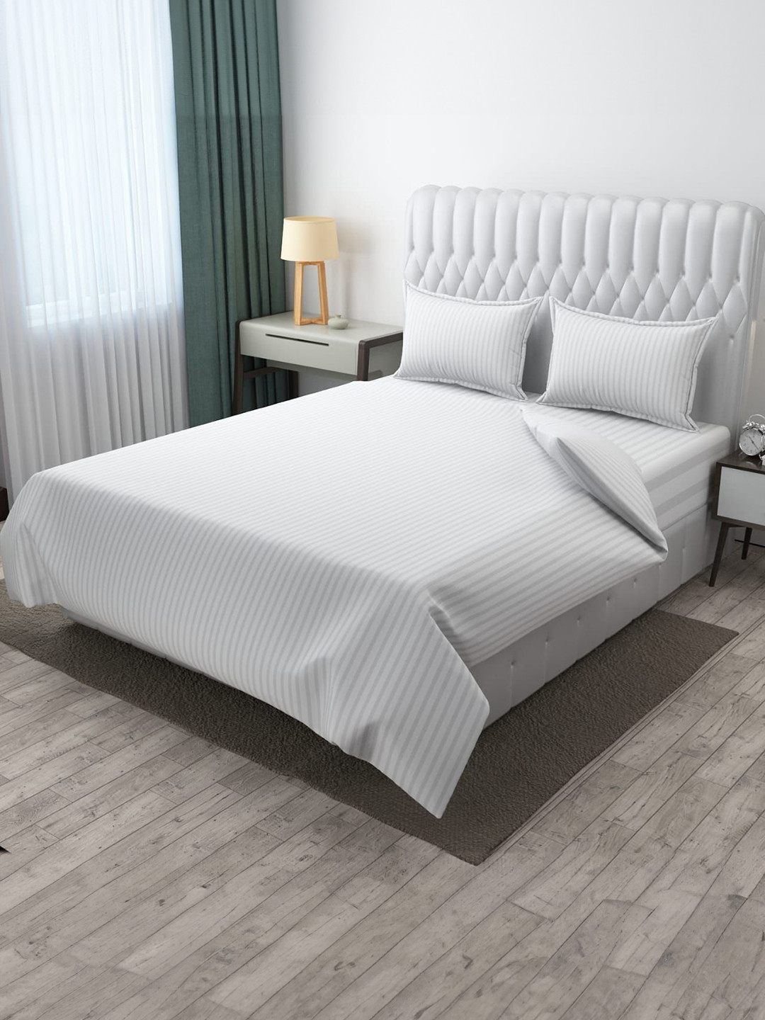 CLIO'S HERITAGE STORE White Striped Cotton 210 TC Queen Fine Bedsheet with 2 Pillow Covers-87 x 100 inches