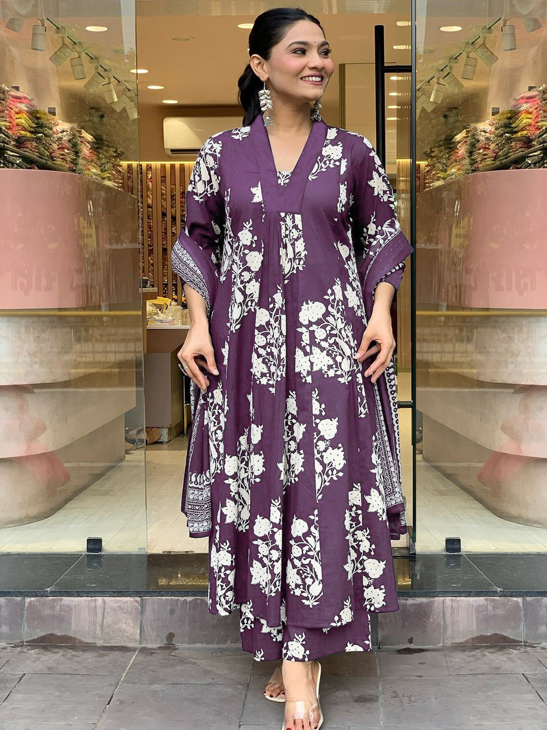 GoSriKi Jaiswal Floral Printed V-Neck Pleated Anarkali Kurta With Palazzos & Dupatta