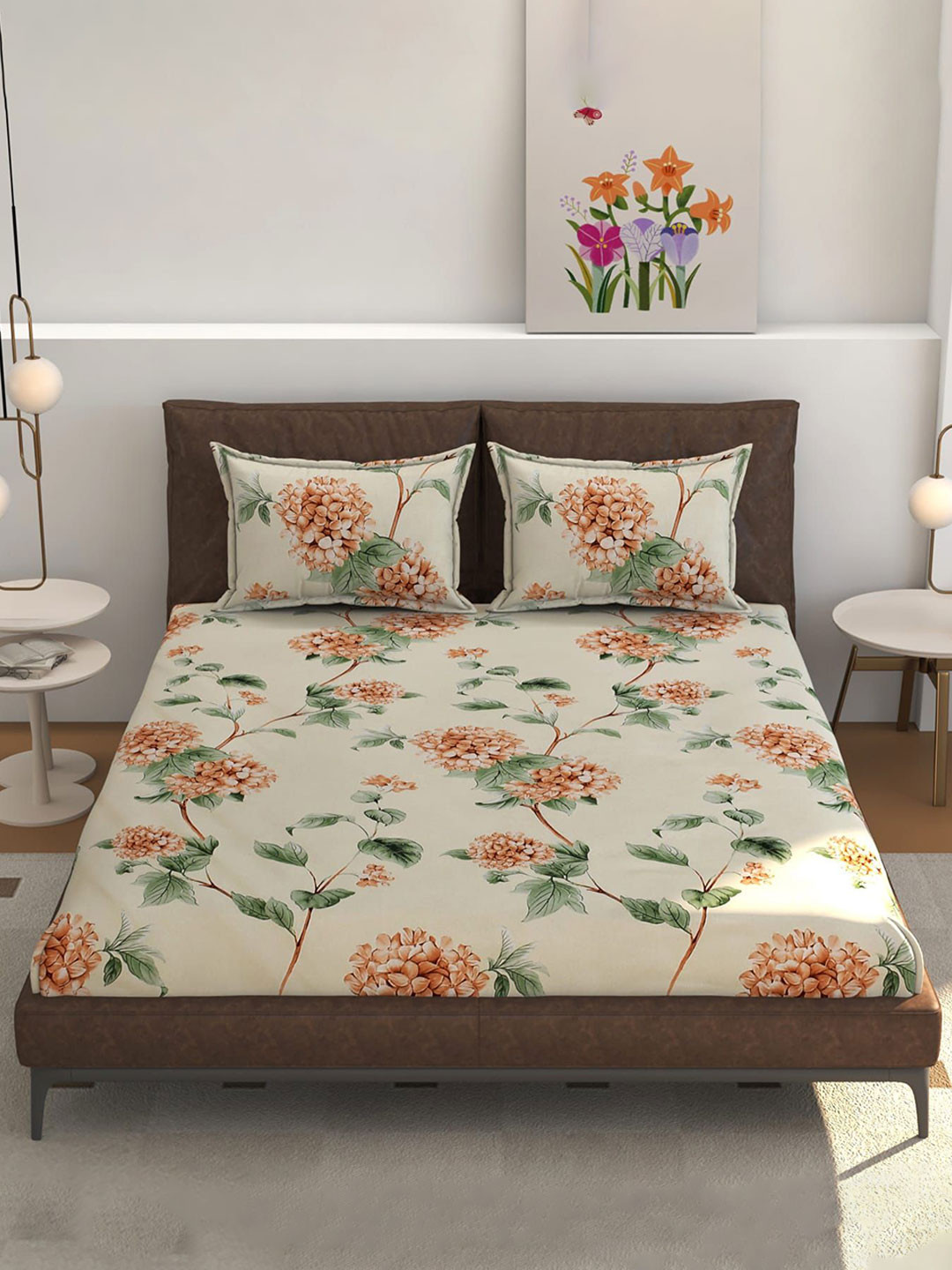 CLIO'S HERITAGE STORE Premium Beige Floral Cotton 210 TC Fitted Queen Fine Bedsheet with 2 Pillow Covers-177 x 182 x 20 cm