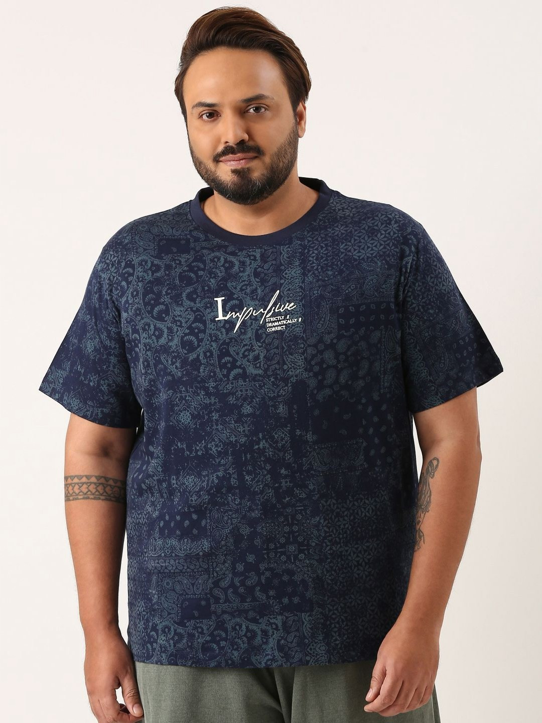 MARCA Bold Men Plus Size Floral Printed Round Neck Relaxed Fit Cotton T-shirt