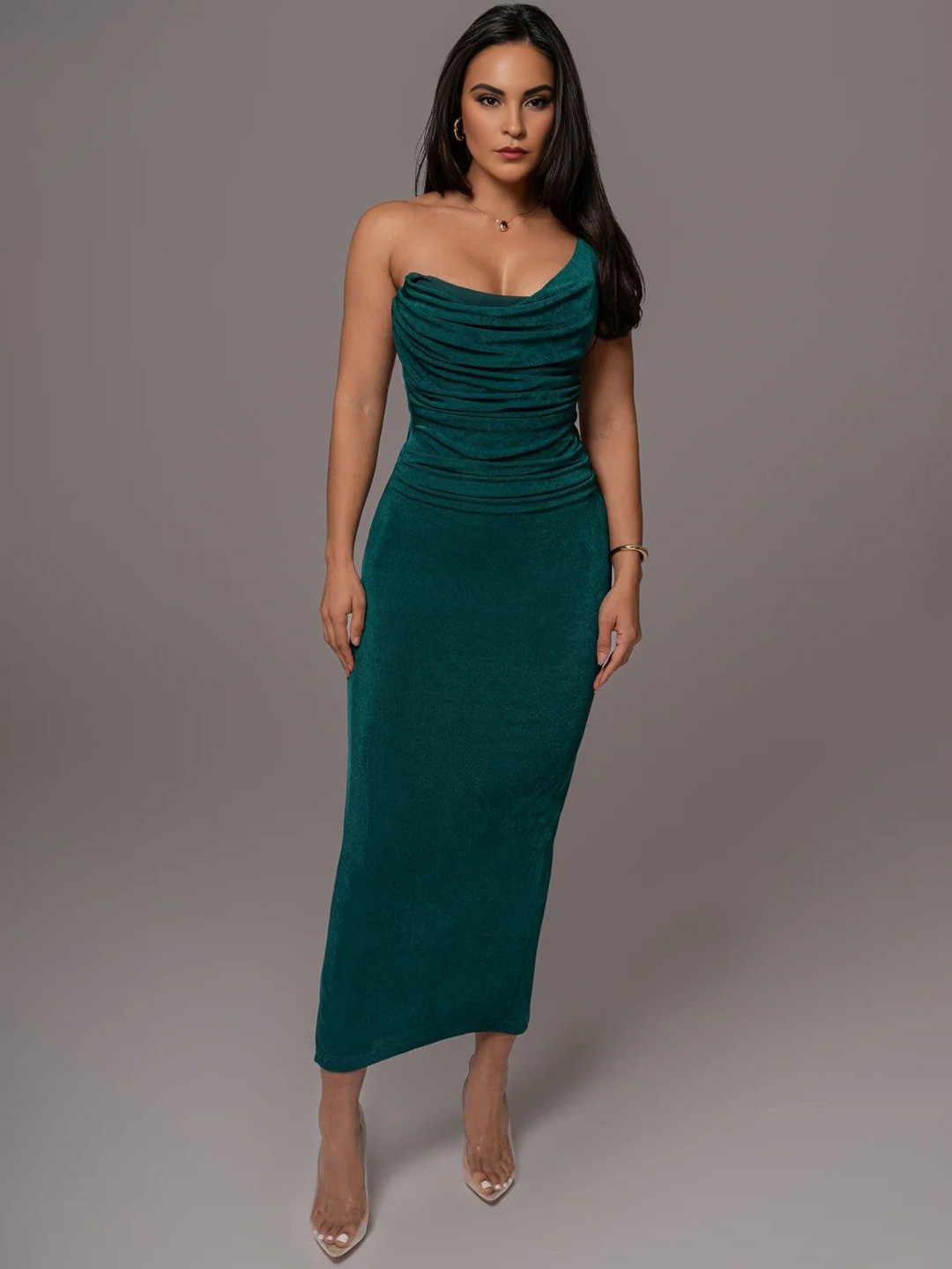 Bee Boe Women Sculpted Drape One-Shoulder Satin Green Bodycon Maxi Dress