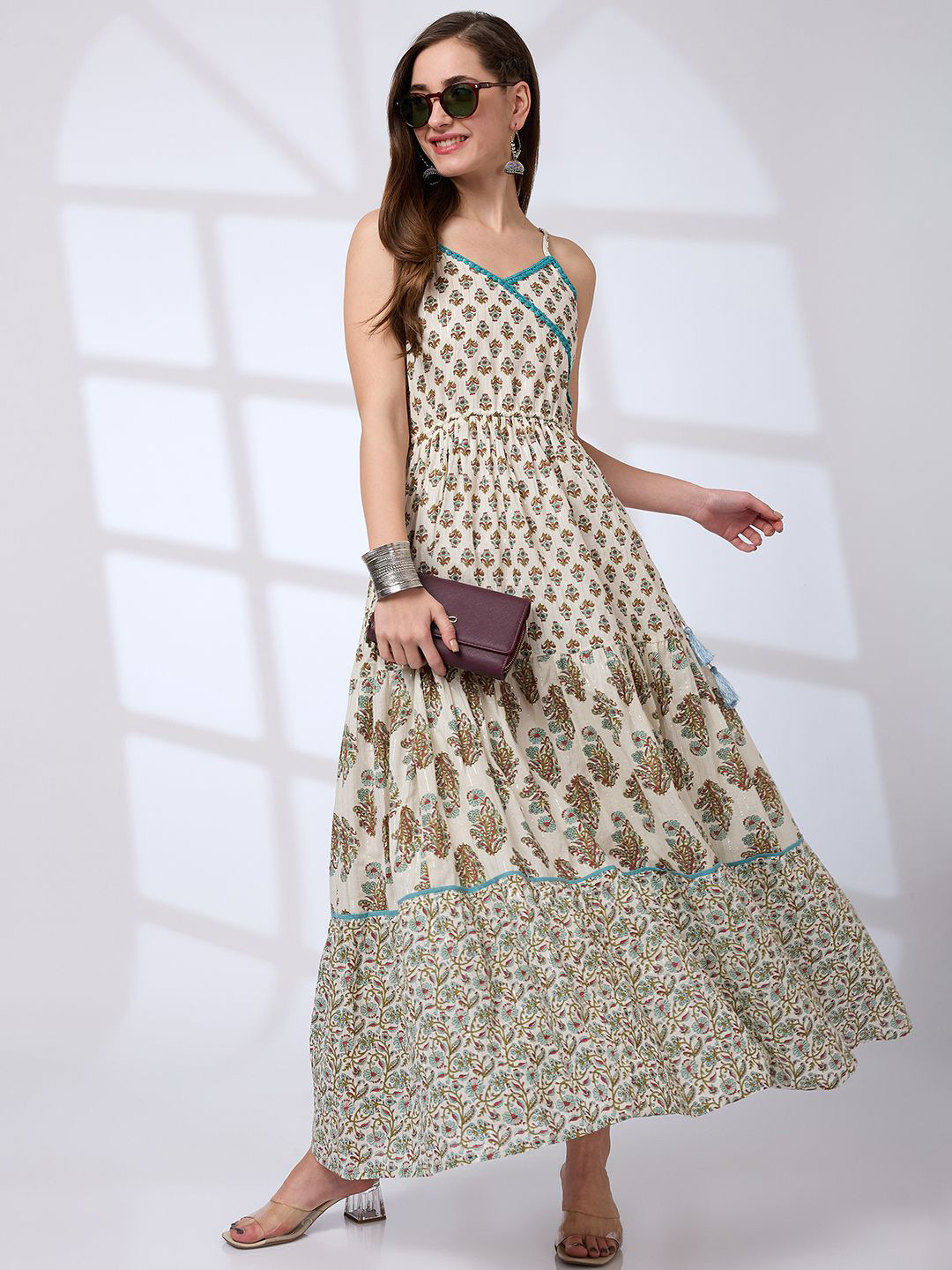 Globus V-Neck Strappy Shoulder Tassel Tie-Ups Floral Print A-Line Fusion Maxi Dress