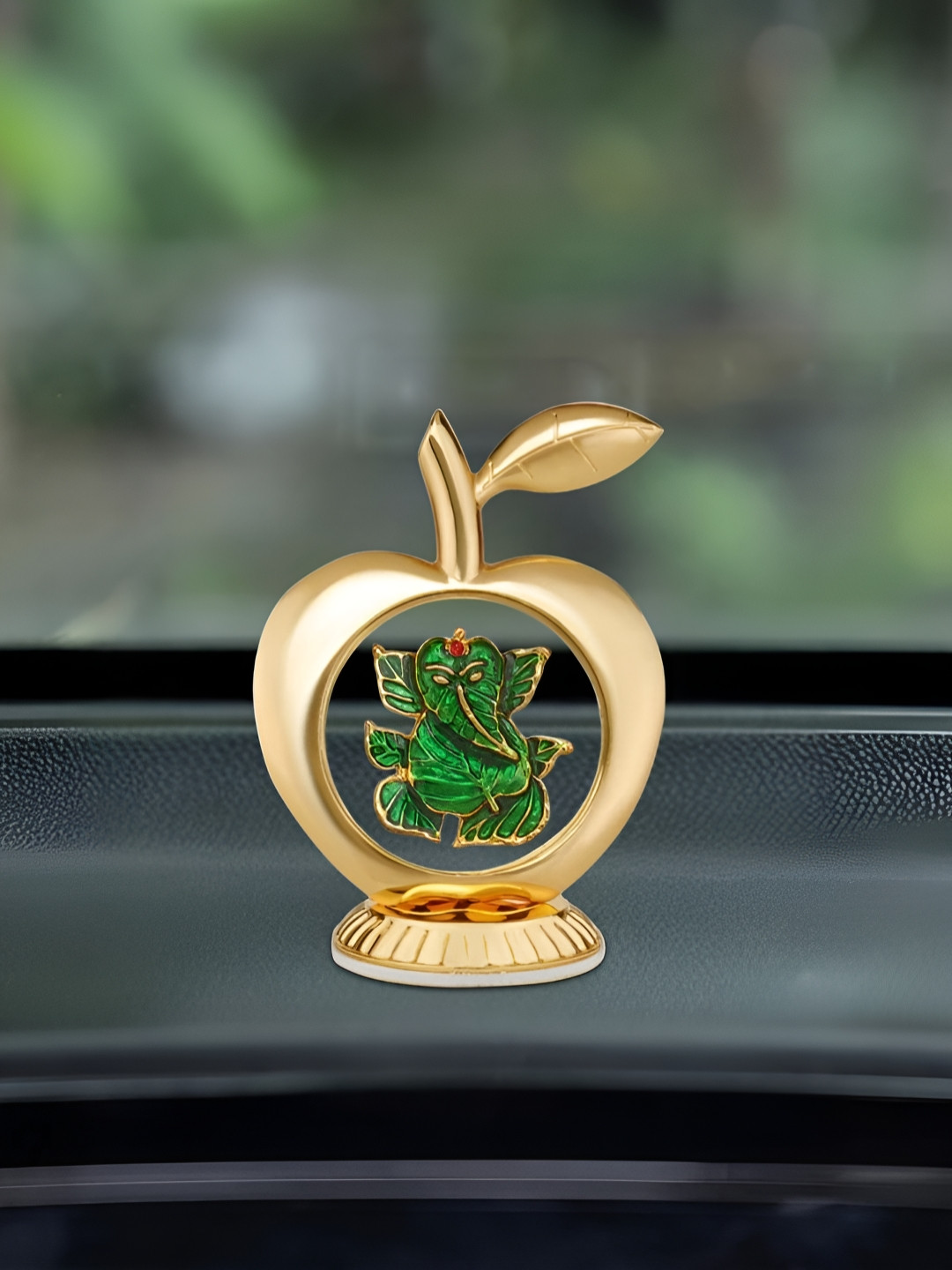 INTERNATIONAL GIFT Lord Ganesha In Apple Shape Gold Aluminium Glossy Car Dashboard Small Showpiece - 3.5 Inches