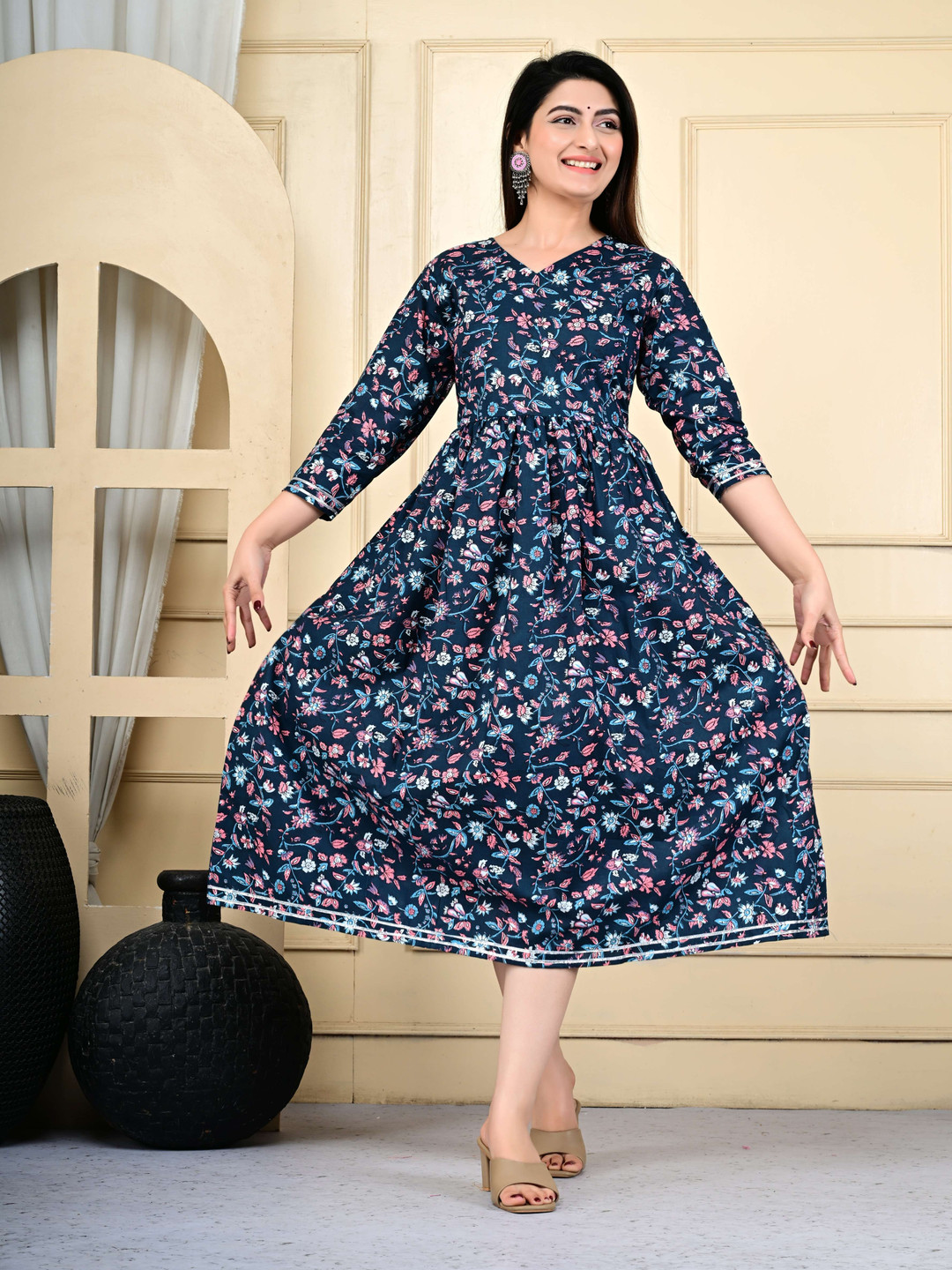 Manvik fashion Floral Printed V-Neck Empire Pure Cotton Maxi Dreeses