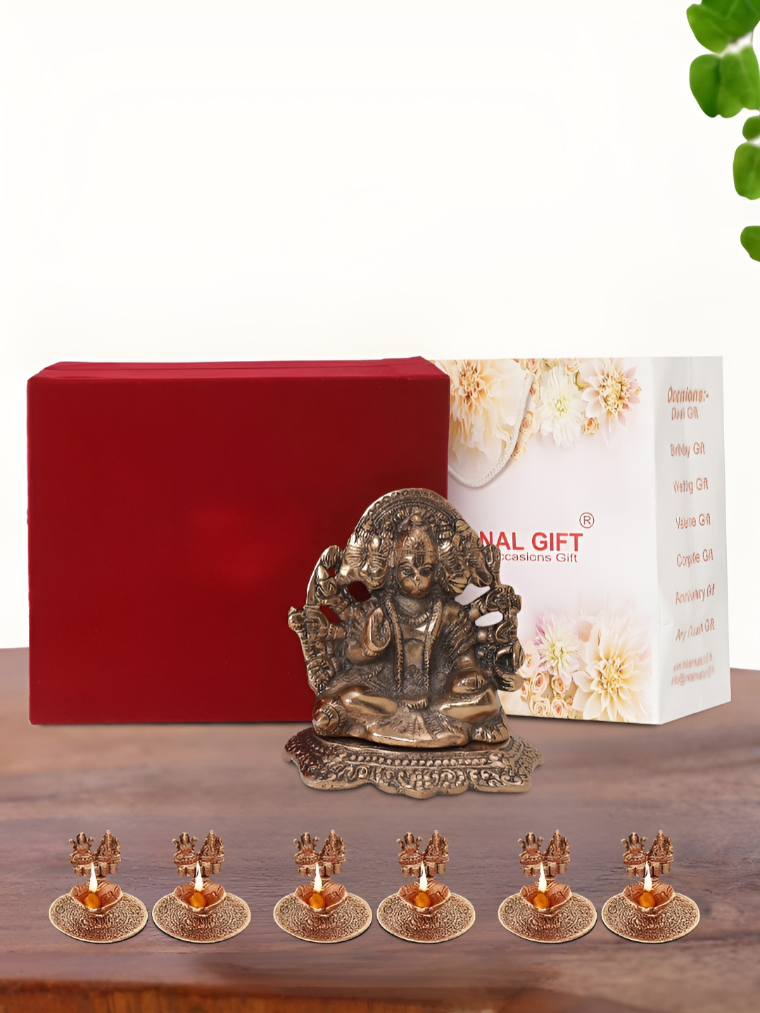 INTERNATIONAL GIFT Panchmukhi Hanuman Idol with 6 Diya, Velvet Box and Carry Bag Copper Metal Metallic Prayer Room Medium Showpiece - 5.5 Inches