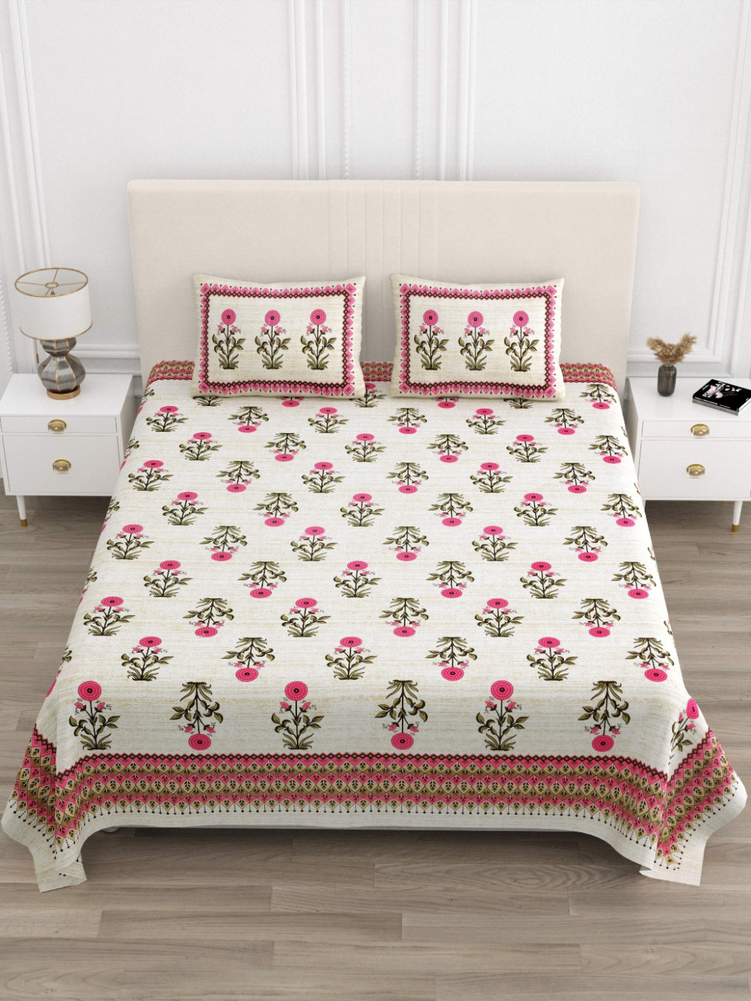 JAIPUR PRIME Magnet Beige Floral Pure Cotton 180 TC King Fine Bedsheet with 2 Pillow Covers-274 x 254 cm
