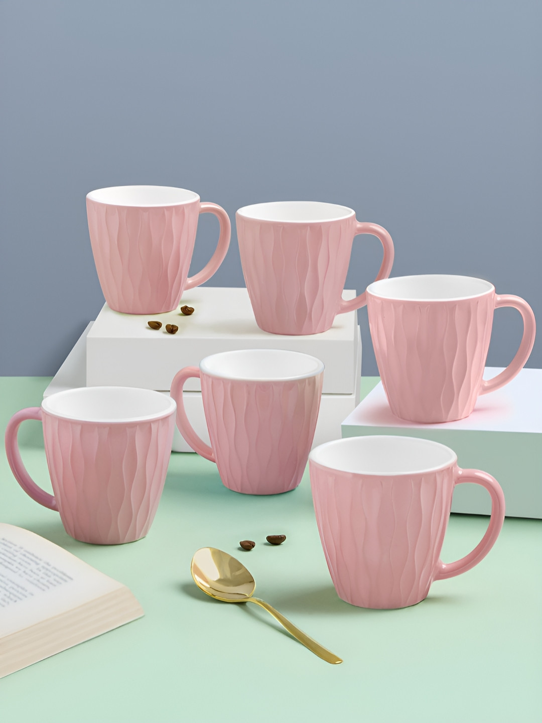 Larah by BOROSIL Pink And White 6 Pieces Textured Opalware Glossy Mugs