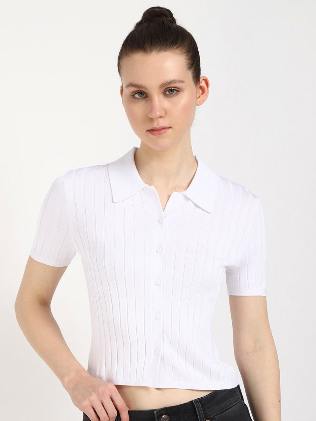 Calvin Klein Jeans Women Ribbed Shirt Collar Shirt Style Crop Top