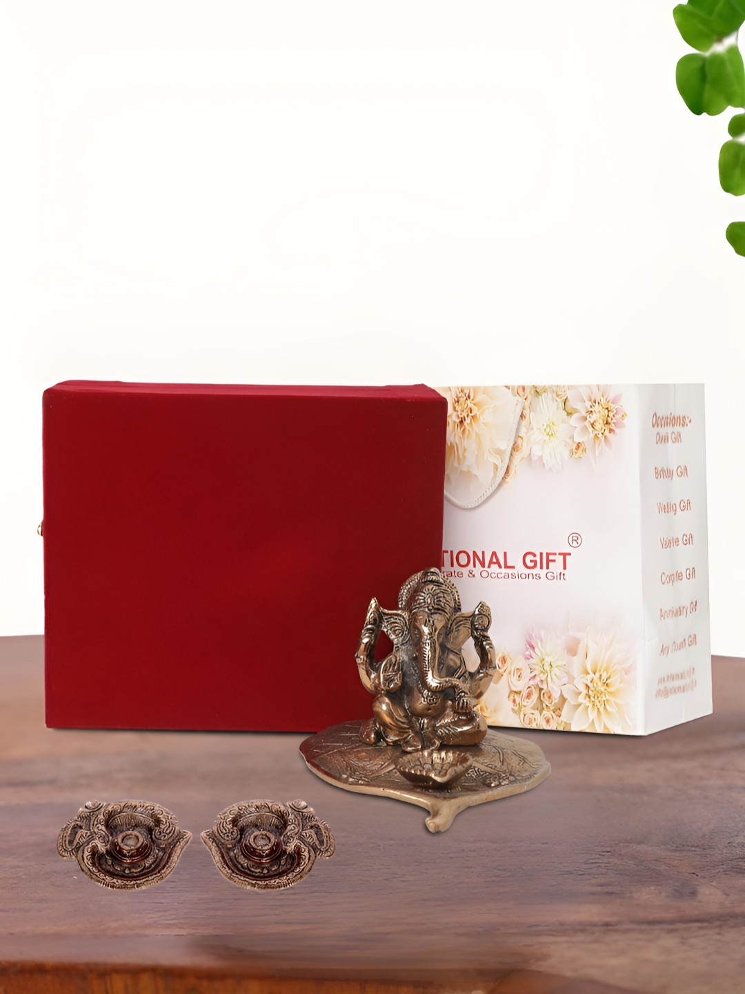 INTERNATIONAL GIFT Leaf Ganesh Idol with Diya, Box and Carry Bag Copper Metal Metallic Prayer Room Set of 3 Small Showpieces - 3.9 Inches