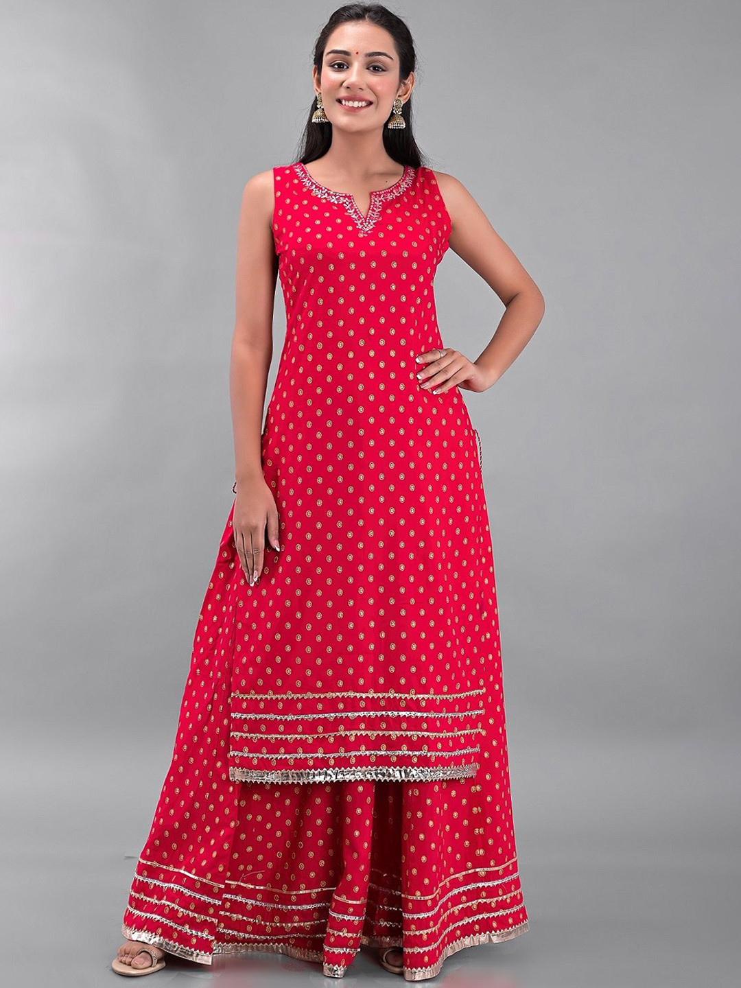 Clothy N Wave Floral Printed Gotta Patti Notch Neck Straight Kurta With Sharara