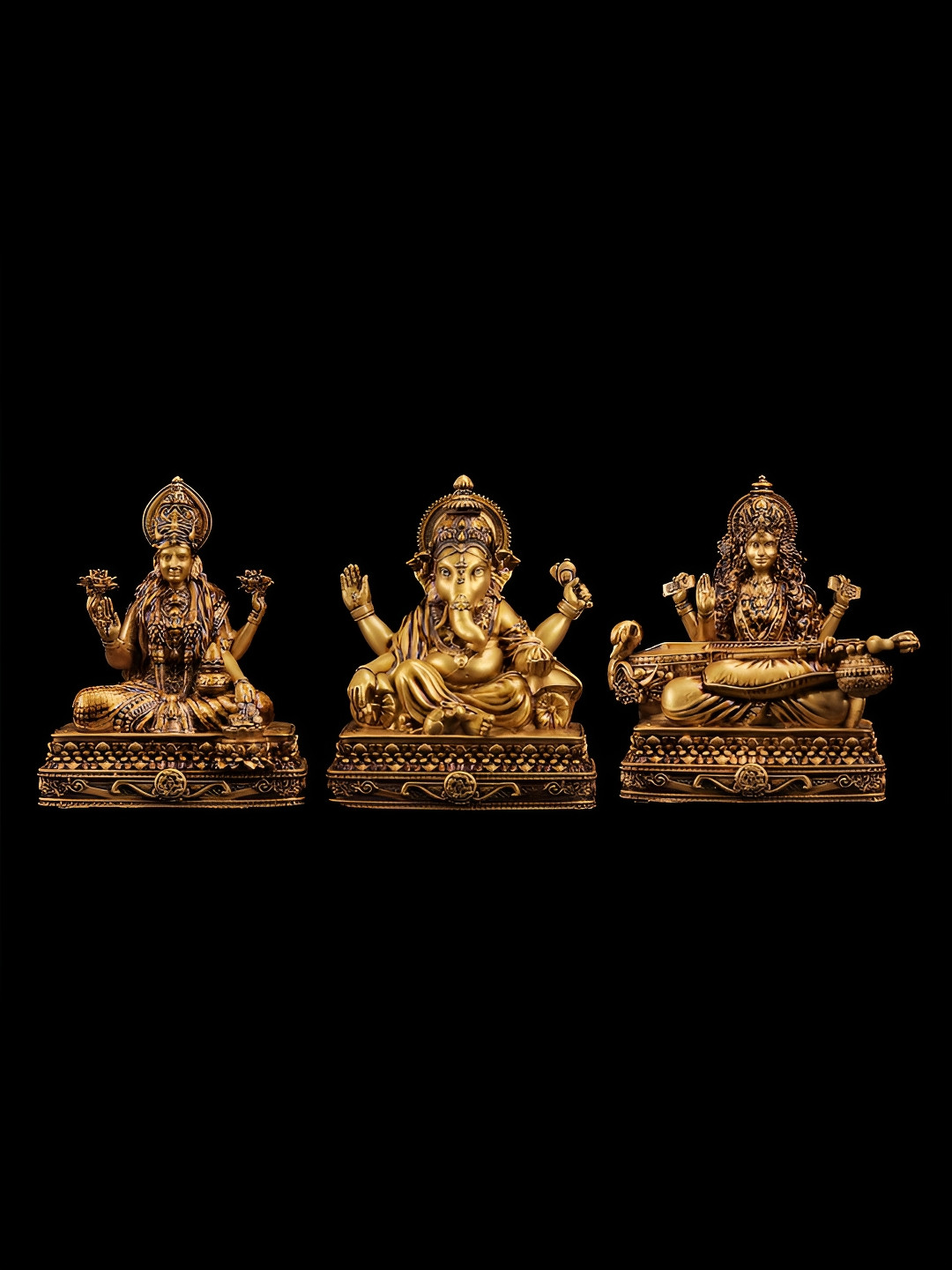 Artarium LLP Chowki Set Gold Brass Metallic Prayer Room Set of 3 Medium Showpieces - 6 Inches