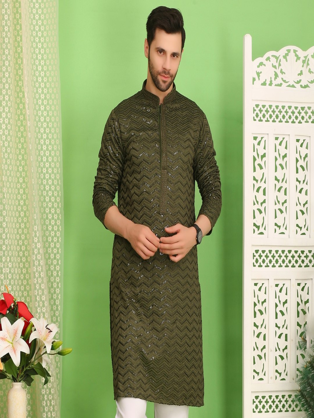 Sydney Heights Chevron Embroidered Sequinned Straight Kurta