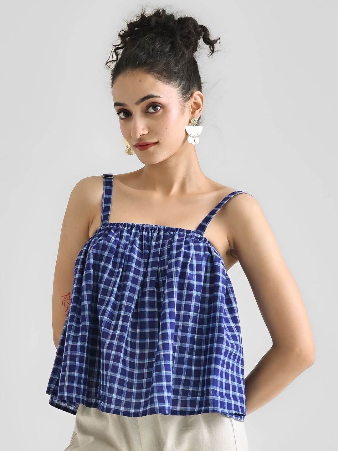 Rustorange Blue Woven Cotton Crop Top with Adjustable Strap Detail