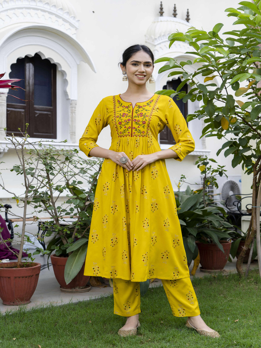 Dipani Floral Printed Thread Work Notch Neck A-Line Kurta With Trousers