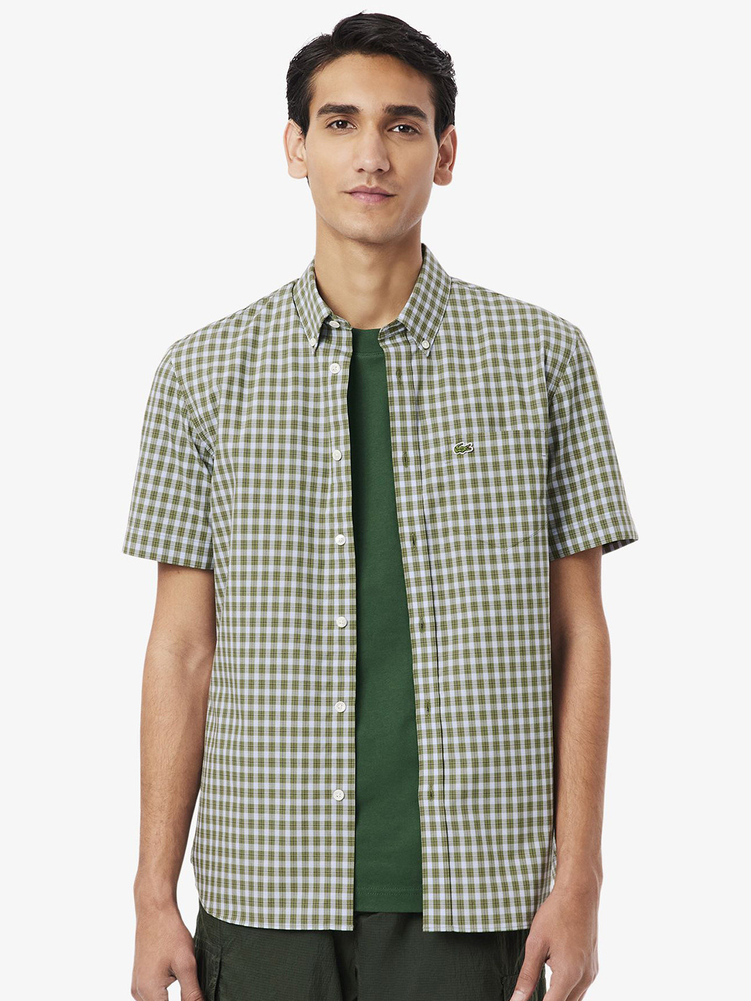Lacoste Men Button-Down Collar Micro Checked Cotton Casual Shirt