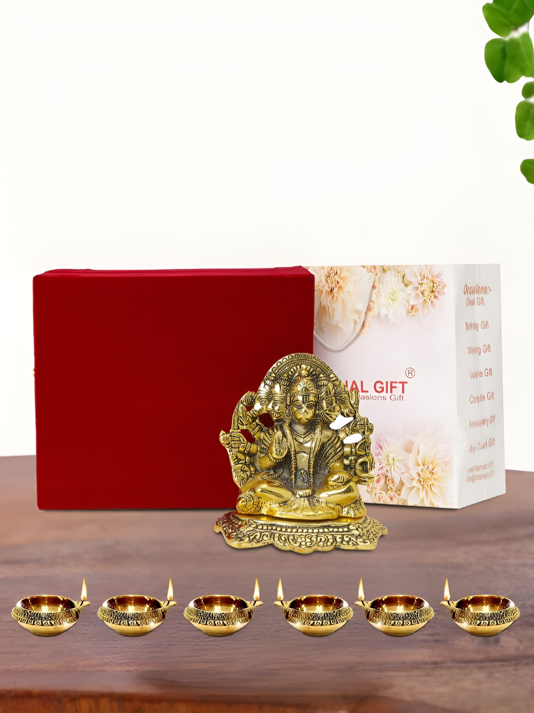 INTERNATIONAL GIFT Gold Plated Panchmukhi Hanuman Idol with 6 Diya and Box