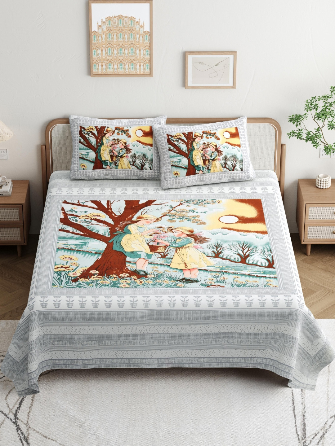 JAIPUR PRIME Magnet Jaipuri Treaditional Grey Graphic Pure Cotton Light Weight 180 TC King Bedsheet with 2 Pillow Covers-106 x 98 inches