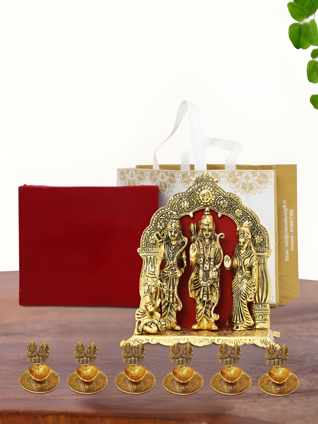 INTERNATIONAL GIFT Ram Darbar Idol with 6 Diya, Velvet Box and Carry Bag Gold Metal Metallic Prayer Room Lights Large Showpiece - 9.5 Inches