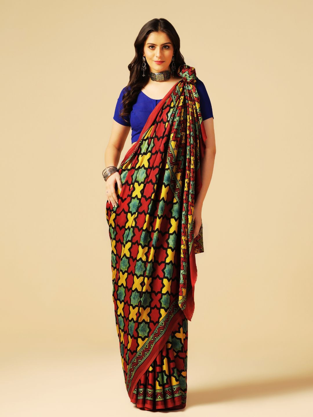 ADITRI Modal Silk Handprinted Ajrakh Saree