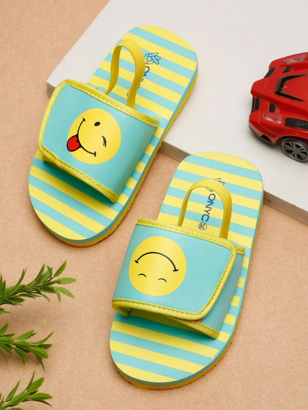 ONYC Kids Green Printed Smileys Sliders With Adjustable Strap & Back Support Flip Flops