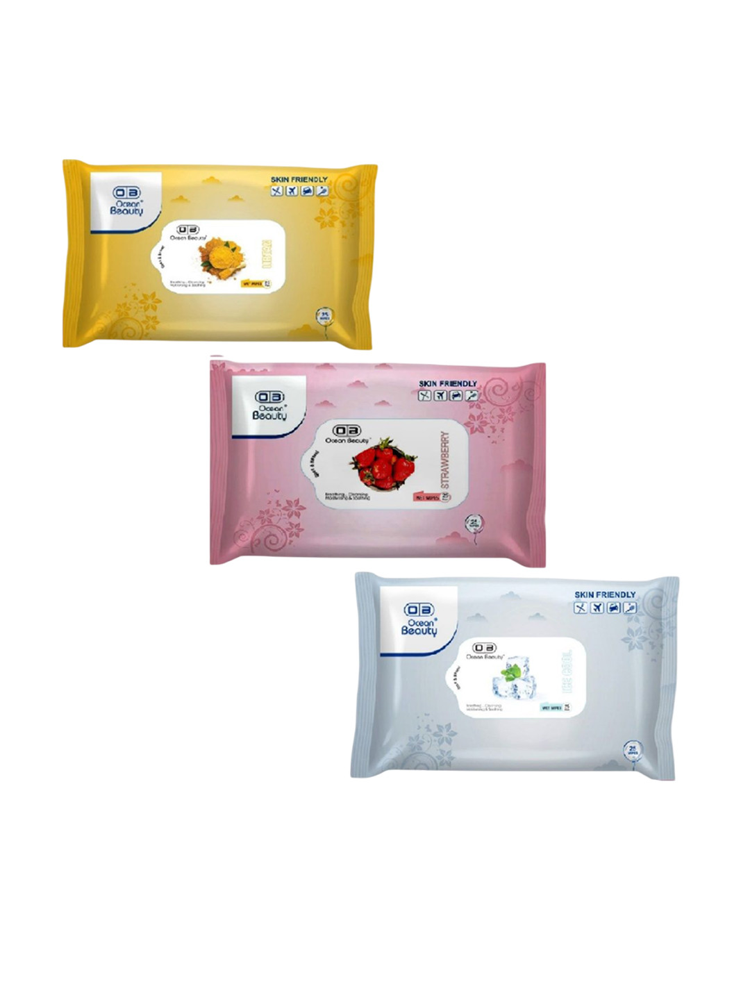 OB Ocean Beauty Set Of 3 Cleansing Moisturizing & Soothing Wet Wipes - 25 Pcs Each